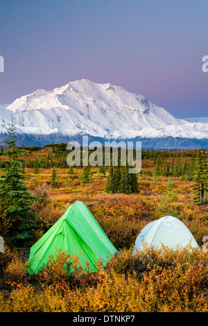 Zwei Zelte im Vordergrund, Hintergrund morgen Licht auf Denali (ehemals Mt. McKinley) von Wonder Lake Campground, Denali National Park, Alaska. Stockfoto