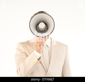 Kaukasische Geschäftsmann mit einem Megaphon Stockfoto