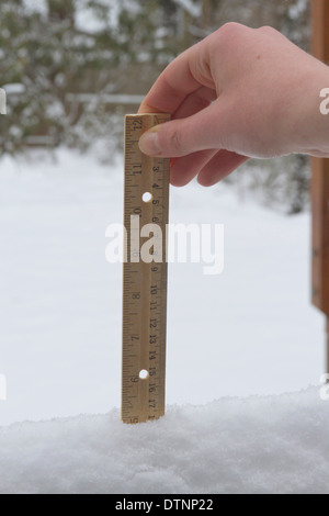 Nahaufnahme der Hand einer Frau, die mit einer Holz- Lineal zu messen, wie viel Schnee fiel Stockfoto