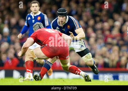 Cardiff, Wales. 21. Februar 2014. Frankreich-Flanker Wenceslas Lauret (Biarritz) Frankreich Flügel Marc Andreu (Castres) Wales Flanker Dan Lydiate (Racing Métro) während des sechs-Nationen-Spiels zwischen Wales und Frankreich aus dem Millennium Stadium. Bildnachweis: Aktion Plus Sport/Alamy Live-Nachrichten Stockfoto