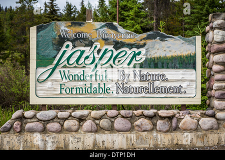 Der Jasper National Park Eingang Zeichen, Alberta, Kanada. Stockfoto