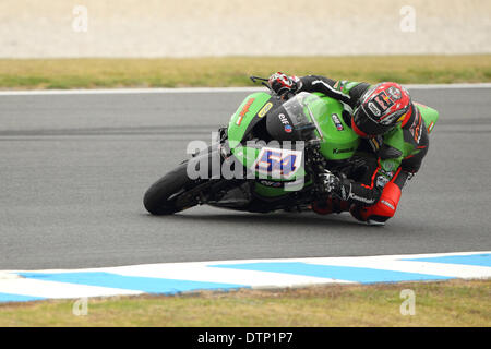 Türkische supersport-Fahrer und ehemalige World Champion Kenan Sofuoglu Zeittraining an der Australia Runde der FIM Superbike-Weltmeisterschaft 2014. Stockfoto