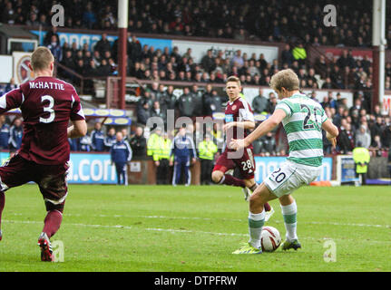 Edinburgh, Schottland. 22. Februar 2014. Teemu Pukki punktet der 2. des Spiels während der Scottish Premier League-Spiel zwischen Heart of Midlothian und Celtic aus Tynecastle. Bildnachweis: Aktion Plus Sport/Alamy Live-Nachrichten Stockfoto