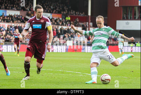 Edinburgh, Schottland. 22. Februar 2014. Leigh Griffiths öffnet das Punktesystem für Celtic in der Scottish Premier League-Spiel zwischen Heart of Midlothian und Celtic aus Tynecastle. Bildnachweis: Aktion Plus Sport/Alamy Live-Nachrichten Stockfoto