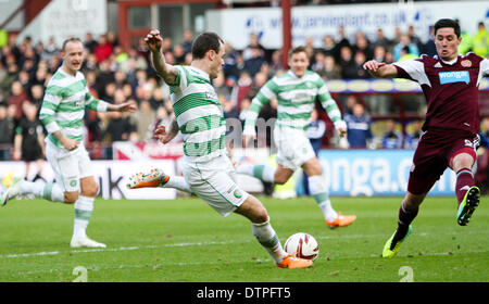 Edinburgh, Schottland. 22. Februar 2014. Anthony Stokes schießt auf das Tor während der Scottish Premier League-Spiel zwischen Heart of Midlothian und Celtic aus Tynecastle. Bildnachweis: Aktion Plus Sport/Alamy Live-Nachrichten Stockfoto