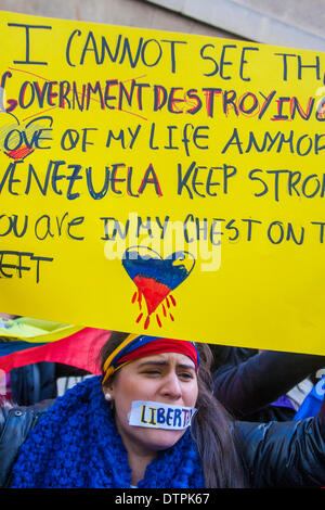 London, UK. 22. Februar 2014. Hunderte der Venezolaner protest außerhalb der BBC in London gegen was sie sagen eine Nachrichtensperre über die Entwicklungen in ihrem Land wo Studentendemonstrationen mindestens 10 Tote und Hunderte Festnahmen geführt haben. Bildnachweis: Paul Davey/Alamy Live-Nachrichten Stockfoto