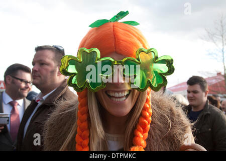 Twickenham UK. 22. Februar 2014. Englisch und Irisch-Fans versammelt in ihrer traditionellen Landesfarben vor 6 Nationen Rugbyspiel zwischen England und Irland im Twickenham Stadion Credit: Amer Ghazzal/Alamy Live-Nachrichten Stockfoto