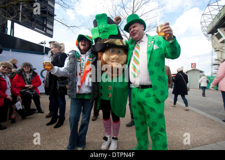 Twickenham UK. 22. Februar 2014. Englisch und Irisch-Fans versammelt in ihrer traditionellen Landesfarben vor 6 Nationen Rugbyspiel zwischen England und Irland im Twickenham Stadion Credit: Amer Ghazzal/Alamy Live-Nachrichten Stockfoto