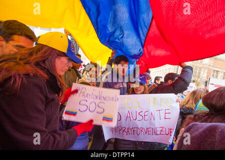 London, 22. Februar 2014. Hunderte der Venezolaner protestieren außerhalb des Landes Botschaft gegen die Niederschlagung des Maduro-Regimes der Studentendemonstrationen, der Mangel an Demokratie und gegen die rauen Bedingungen verursacht durch Wirtschaftsreformen. Bildnachweis: Paul Davey/Alamy Live-Nachrichten Stockfoto