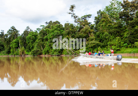 Eine Reihe von Touristen eine Bootsfahrt auf dem Kinabatangan Fluss, Borneo, Malaysia Stockfoto