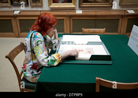 Frau studiert historische Zeichnungen im Teylers Museum, Haarlem, Nordholland, Niederlande. Stockfoto