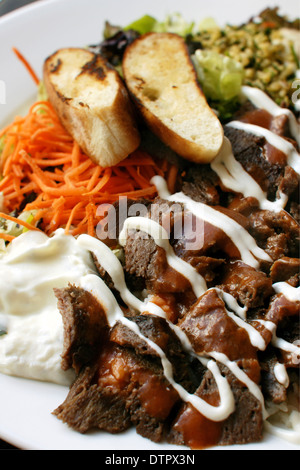 Iskender Kebab ein beliebtes türkisches Gericht von Lamm serviert mit türkischem Brot, Reis, Gemüse Couscous und Joghurt Stockfoto