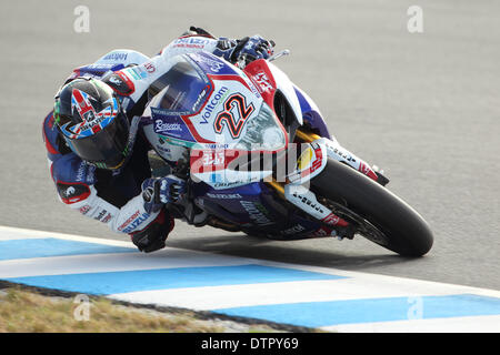 Phillip Island Grand Prix Circuit, Australien. Sonntag, 23. Februar 2014. Runde 1 FIM Superbike-Weltmeisterschaft 2014. Der Brite Alex Lowes drehen durch Doohan Ecke im Warm-up am Sonntagmorgen an Bord seines Voltcom Crescent Suzuki GSX-R1000 Superbike. Lowes qualifizierte 5. für das erste Rennen der Saison. Bildnachweis: Russell Hunter/Alamy Live-Nachrichten Stockfoto