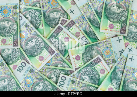 Hintergrund von 100 PLN (polnische Zloty) Banknoten Stockfoto