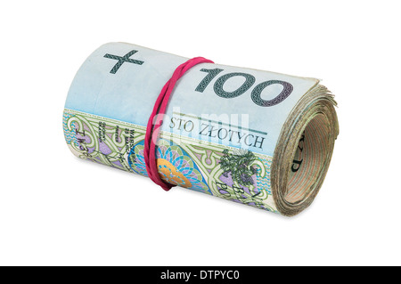 Polnische Banknoten von 100 PLN mit Kautschuk isoliert auf weißem Hintergrund mit Beschneidungspfad gerollt Stockfoto