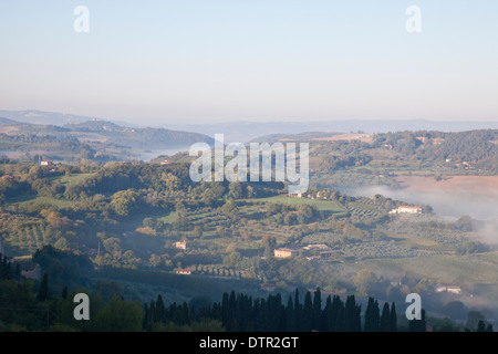 Morgennebel und Sonnenlicht auf den Pisten im Tal unterhalb von Montepulciano, Toskana, Italien. Obligatorische Kredit Jo Whitworth Stockfoto