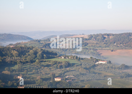 Morgennebel und Sonnenlicht auf den Pisten im Tal unterhalb von Montepulciano, Toskana, Italien. Obligatorische Kredit Jo Whitworth Stockfoto