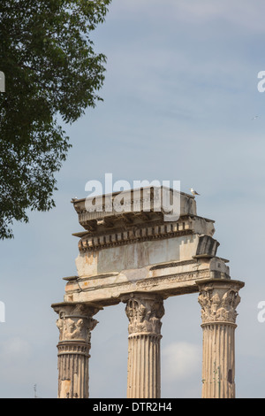 Detail der Säulen und Gebälk der Tempel des Castor und Pollux, Forum Romanum, Rom, Italien Stockfoto