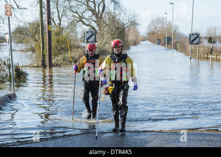 Burrowbridge, UK. 22. Februar 2014. Offiziere aus Somerset Feuer & Rettungsdienst waten in Hochwasser am Burrowbridge am 22. Februar 2014. Zwei Männer entlang in Wathosen und Schwimmwesten gekleidet, der Fahrbahn A361, jetzt völlig untergetaucht durch Hochwasser während der schwersten Überschwemmungen in lebendige Geschichte auf den Somerset Levels. Sie sind Mess-Sticks verwenden, um die aktuelle Tiefe des Wassers entlang der Beförderung zu bestimmen, welche aktuell bei 1,1 Meter an dieser Kreuzung liegt. Bildnachweis: Nick Kabel/Alamy Live-Nachrichten Stockfoto