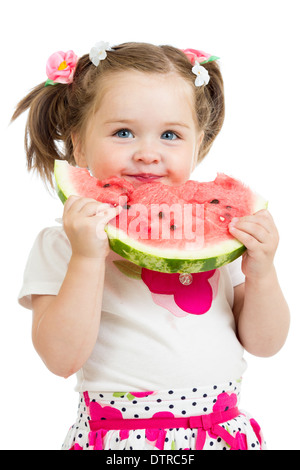 Kind Mädchen essen Wassermelone isoliert auf weiss Stockfoto