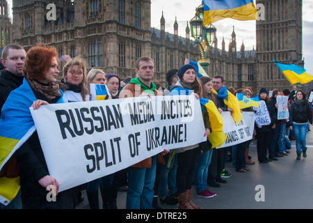 London, UK. 23. Februar 2014. Hunderte von Ukrainer bildeten eine Menschenkette auf Westminster Bridge, die Entfernung von der Macht des Regimes Janukowitsch zu feiern und zu trauern, die Noten während der Kiew-Aufstand in der vergangenen Woche getötet. Bildnachweis: Paul Davey/Alamy Live-Nachrichten Stockfoto