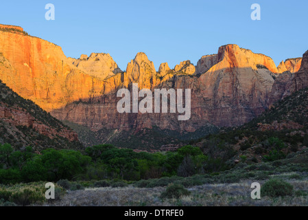 Sonnenaufgang über den Türmen der Jungfrau, Zion Nationalpark, Utah, USA Stockfoto