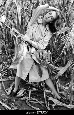 60er Jahre Mode-Modell mit Regenmantel posiert in einem Maisfeld Stockfoto