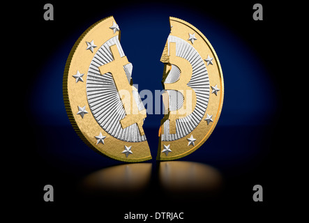 Bitcoin - entzwei gebrochen Stockfoto
