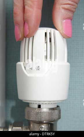 Frau drehen thermostatischen/Heizkörper/Ventil nach oben/unten auf Zentralheizung im heimischen Zuhause, England, UK Stockfoto