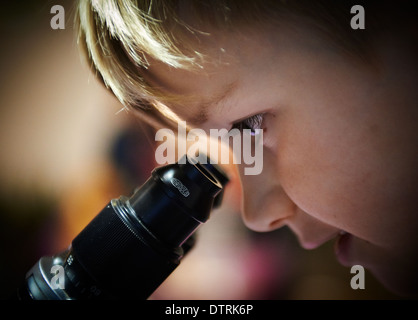 Porträt von Kind junge Blick durch das Mikroskop im Schülerlabor Stockfoto