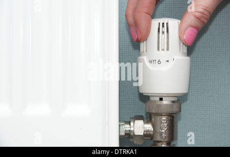 Frau drehen thermostatischen/Heizkörper/Ventil nach oben/unten auf Zentralheizung im heimischen Zuhause, England, UK Stockfoto