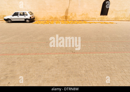 Trocknung, gefärbt versteckt in Place De La Kissariat Ben Youssef in der Medina von Marrakesch, Marokko. Stockfoto