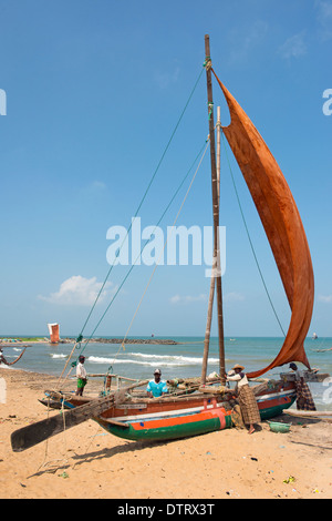 Fischer mit traditionellen Auslegerboot Segeln bekannt als Oruvas am Strand von Negombo. Western Province, Sri Lanka. Stockfoto