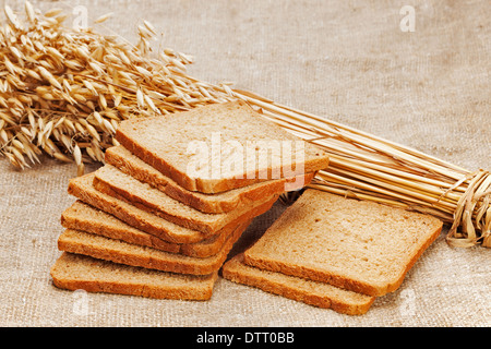 Stücke von Brot und Ohren des Roggens auf natürlichen Hintergrund. Closeup. Stockfoto