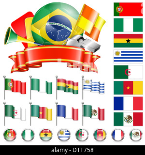 Soccer World Championship 2014 Brasilien sammeln mit Fahnen, Ball, Band und Fahnen, isoliert. Teil 4 von 4. Stockfoto
