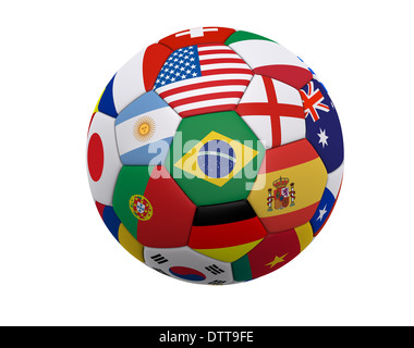 Fußball / Fußball mit Flaggen der Welt, darunter Brasilien, Spanien, England, Deutschland, Portugal... isoliert auf weißem Hintergrund. Stockfoto