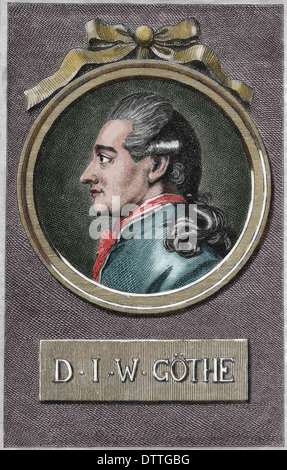 Johann Wolfgang von Goethe (1749-1832). Deutscher Schriftsteller und Universalgelehrter. Romantik. Gravur. Farbe. Stockfoto