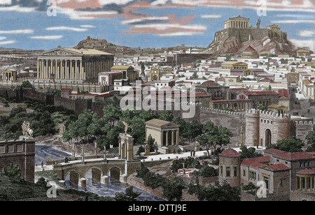 Griechenland. Athen. 1. Jahrhundert AC Stadt von Osten, in der Zeit des Kaisers Hadrian. Kupferstich von J. Buhlmann, 1886. (Spätere Färbung) Stockfoto