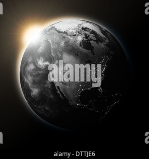 Sonne über Nordamerika auf dunkler Planet, die, den Erde auf schwarzem Hintergrund isoliert. Elemente des Bildes von der NASA eingerichtet. Stockfoto