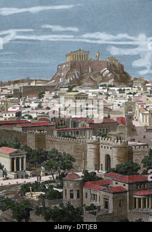 Griechenland. Athen. 1. Jahrhundert AC Stadt von Osten, in der Zeit des Kaisers Hadrian. Kupferstich von J. Buhlmann, 1886. (Spätere Färbung) Stockfoto