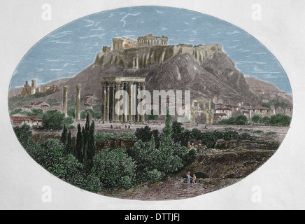 Griechenland. Athen. Tempel des Jupiter und Akropolis Athen. Holzstich von Edward Whymper, 1879. (Spätere Färbung). Stockfoto