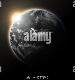 Sonne über dem Pazifischen Ozean auf dunkler Planet, die, den Erde auf schwarzem Hintergrund isoliert. Elemente des Bildes von der NASA eingerichtet. Stockfoto