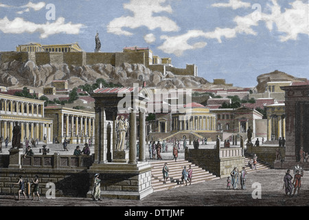 Athen. Agora oder Marktplatz. Die Akropolis ist im Hintergrund. Kupferstich von J. Buhlmann, Farbe Stockfoto