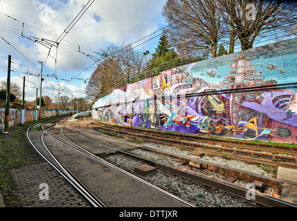 Bunte Graffiti Streetart urban in Brussel, Belgien. Stockfoto