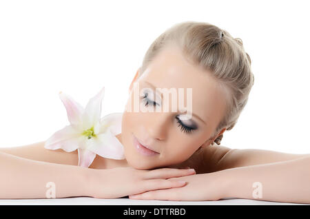 Die schöne Frau mit Lilie Blume Stockfoto