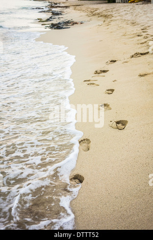 Menschliche Fußspuren im Sand am Strand von St. Croix, U.s. Virgin Islands Stockfoto
