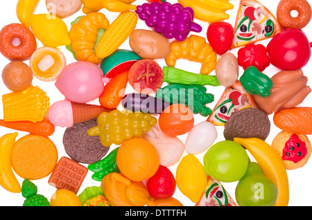 Kunststoff-Spiel, gefälschte abwechslungsreich, Obst und Gemüse. Hintergrund Stockfoto