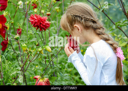 Das Mädchen im Garten hält eine Blume Stockfoto