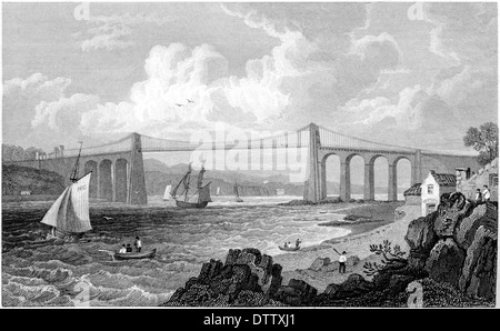 Gravur mit dem Titel 'Menai Bridge (seitlich Anglesea) Vereinigung der Insel Anglesea mit Caernarvonshire' aus einem Buch der 1830er Jahre. Stockfoto