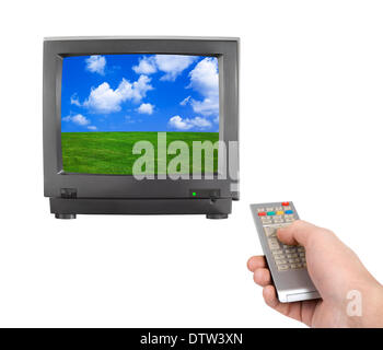 Hand mit Fernbedienung und tv Stockfoto